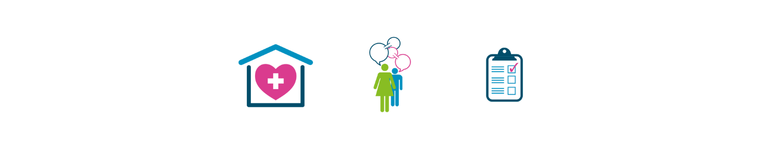 Three Icons representing health, voice, and a survey